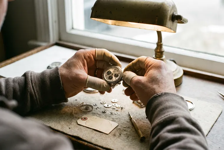 A watchmaker's hands holding the chronograph under a bench lamp
