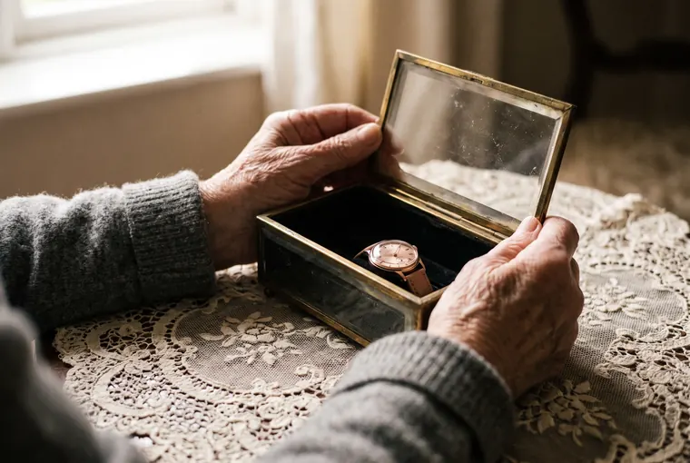A woman's hands holding an open case containing the rose gold watch