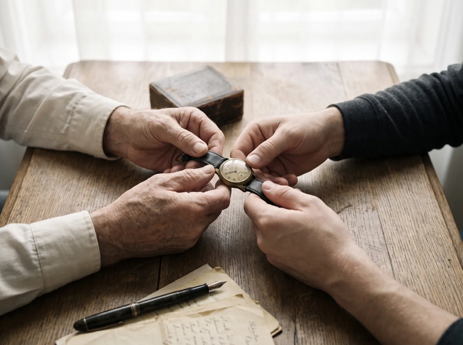 Two pairs of hands passing a mechanical watch across an oak table, beside a worn case and old papers
